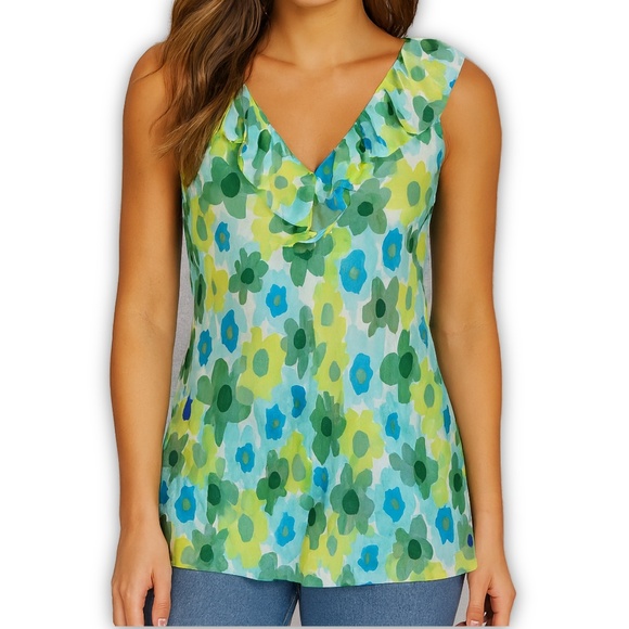 Talbots Silk Floral Blouse Blue Green V Neck Sleeveless Boho Size 12 - Picture 1 of 11